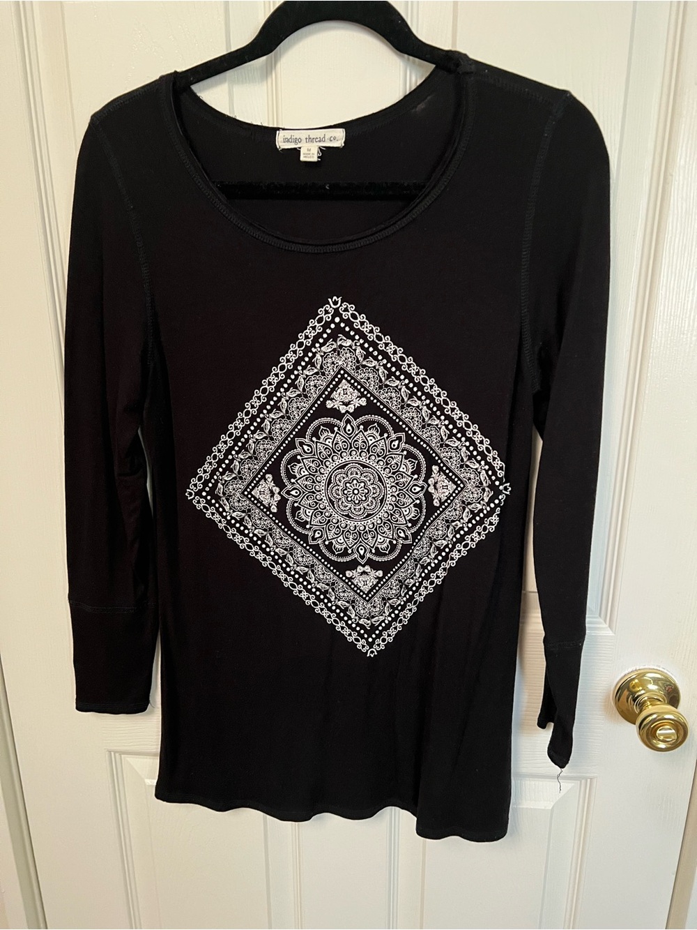 Women's Black Long-Sleeve Graphic Tunic with White Mandala